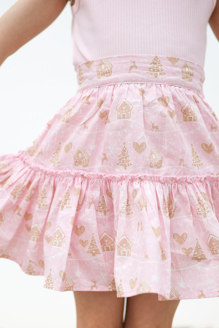 Ruffle Suspender Skirt - Pink Christmas Village