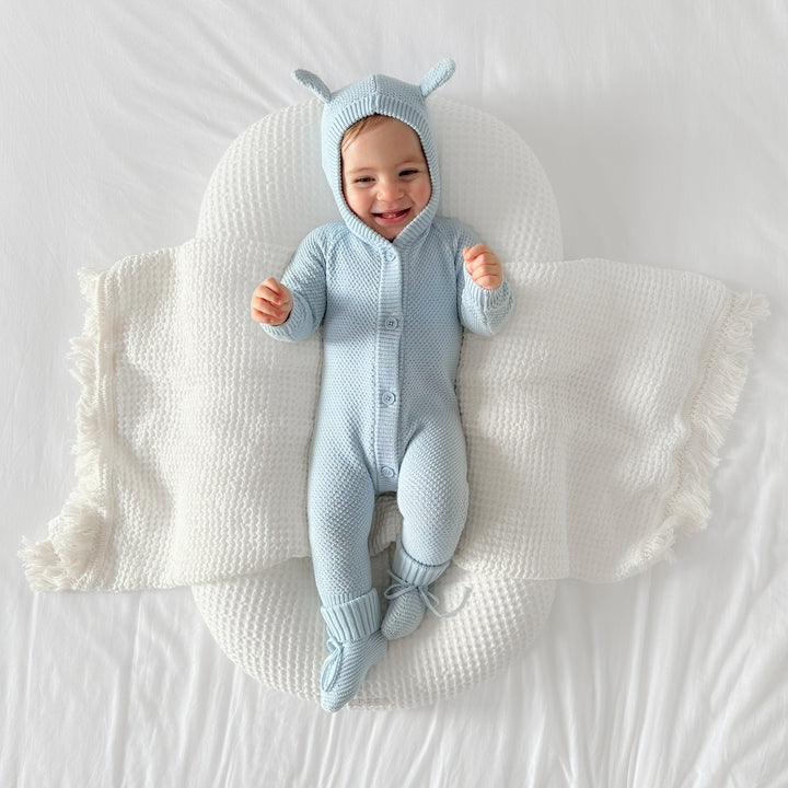 blue baby kids knitted romper with hood