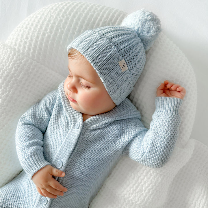 blue baby kids knitted romper with hood