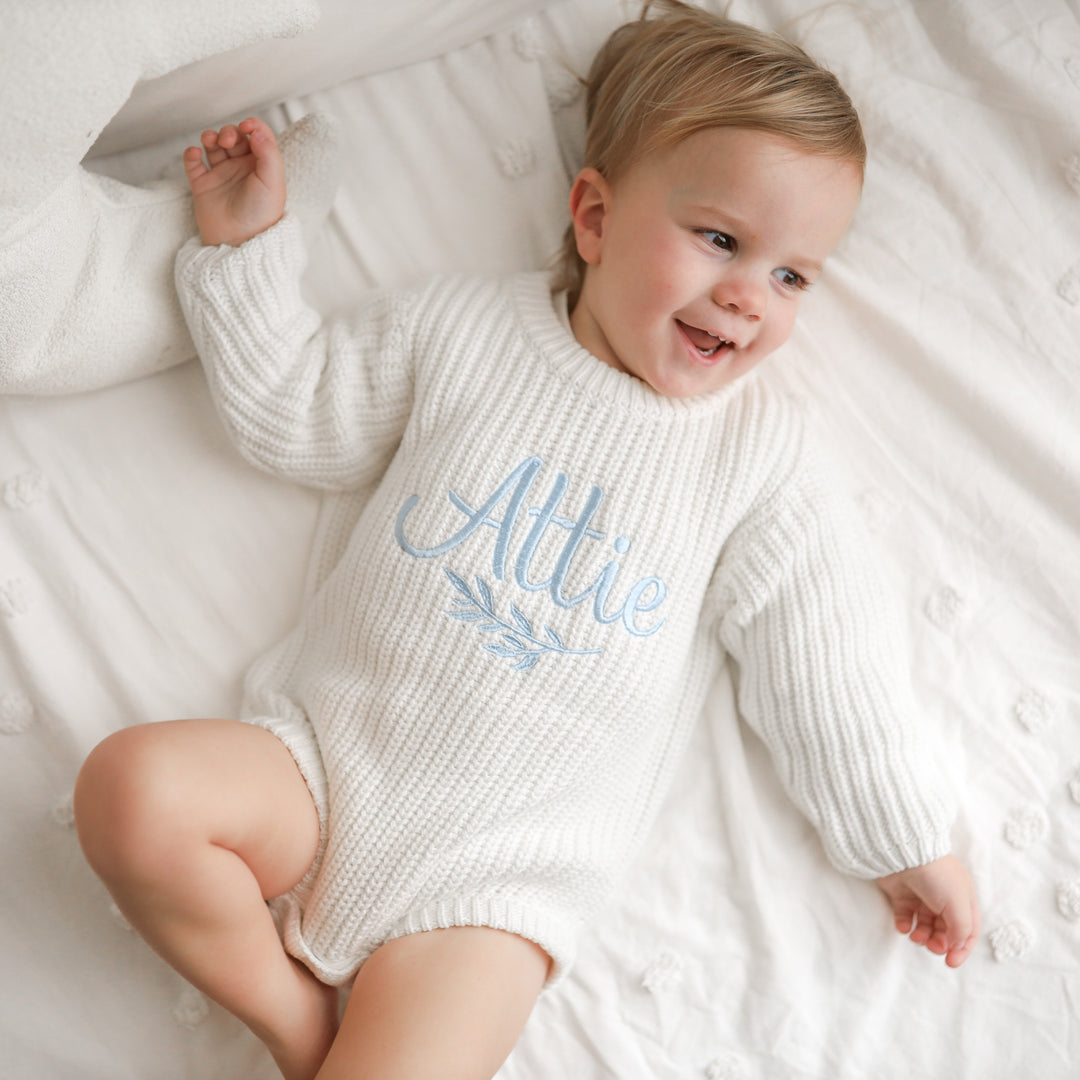 baby personalised embroidered white knitted long sleeve romper