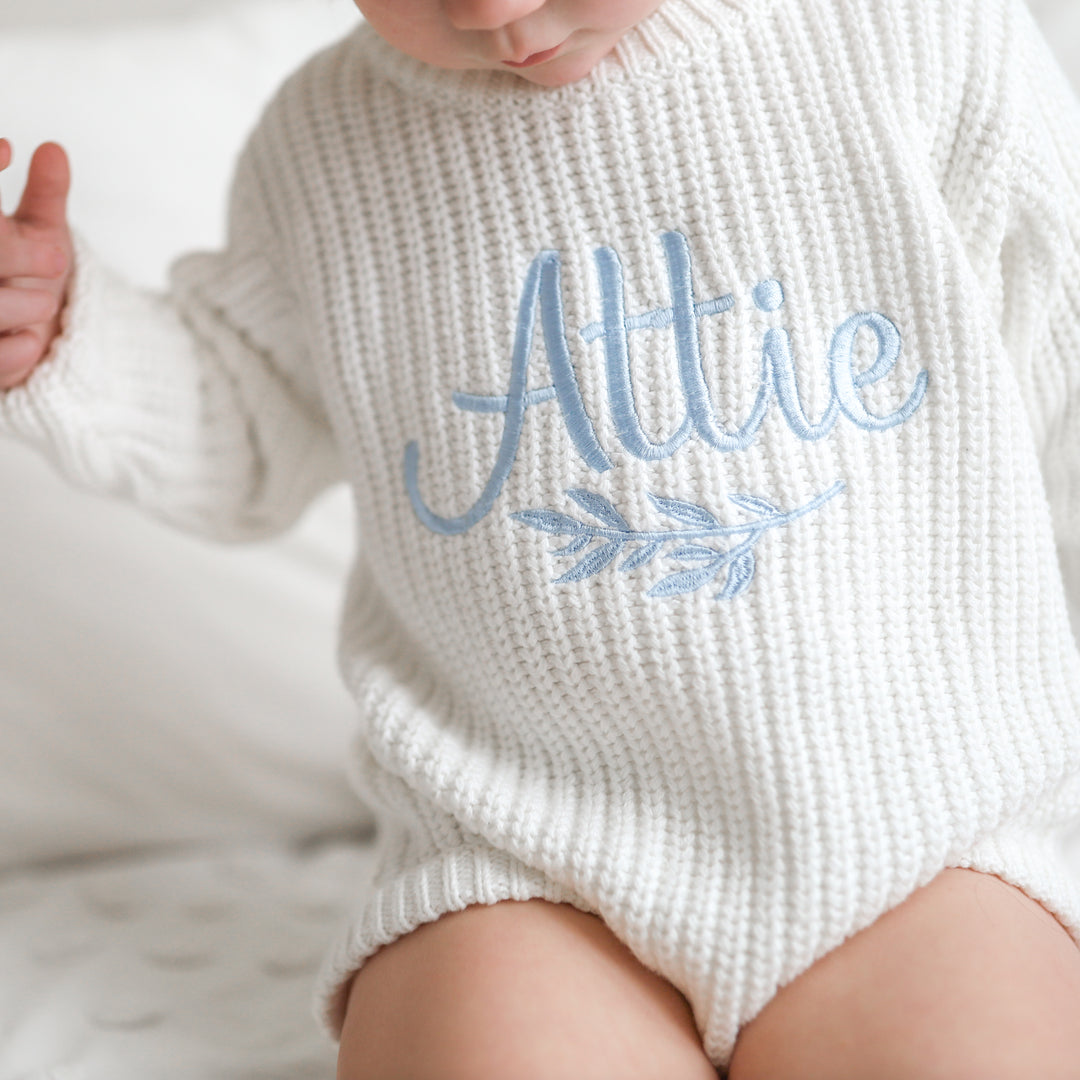 baby personalised embroidered white knitted long sleeve romper