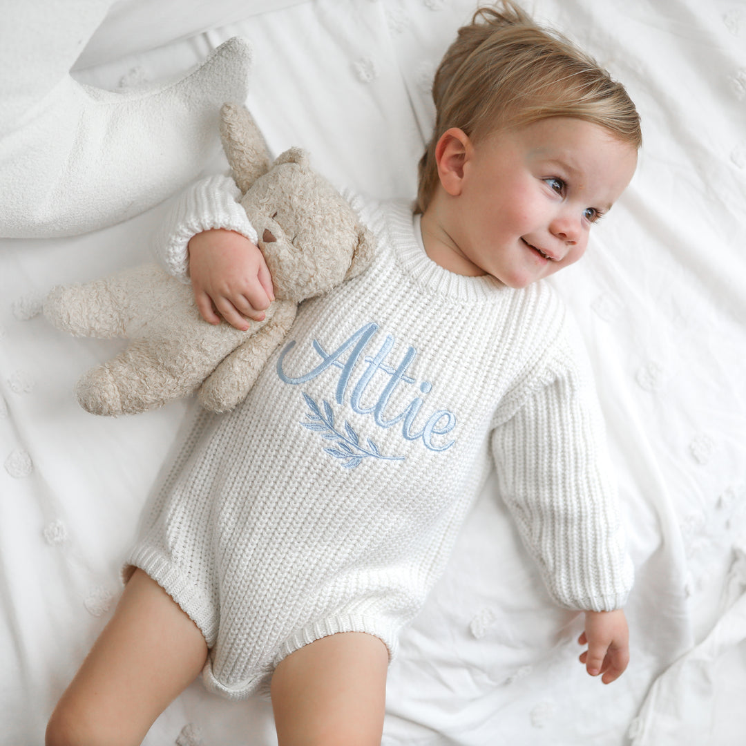 baby personalised embroidered white knitted long sleeve romper