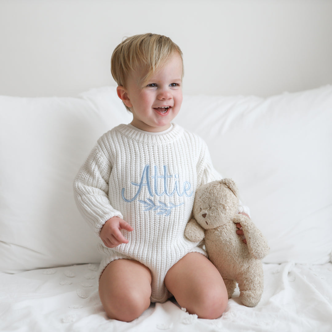 baby personalised embroidered white knitted long sleeve romper