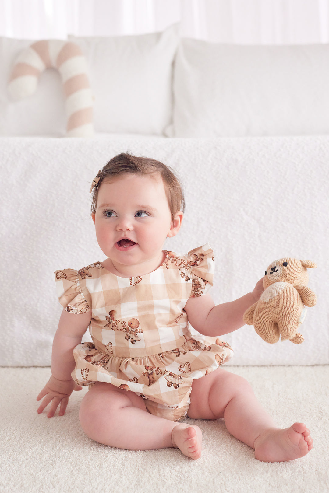 Short Sleeve Zipper Romper - Gingham Gingerbread