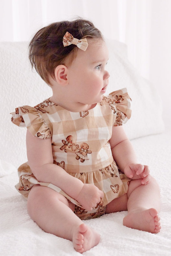 Short Sleeve Zipper Romper - Gingham Gingerbread