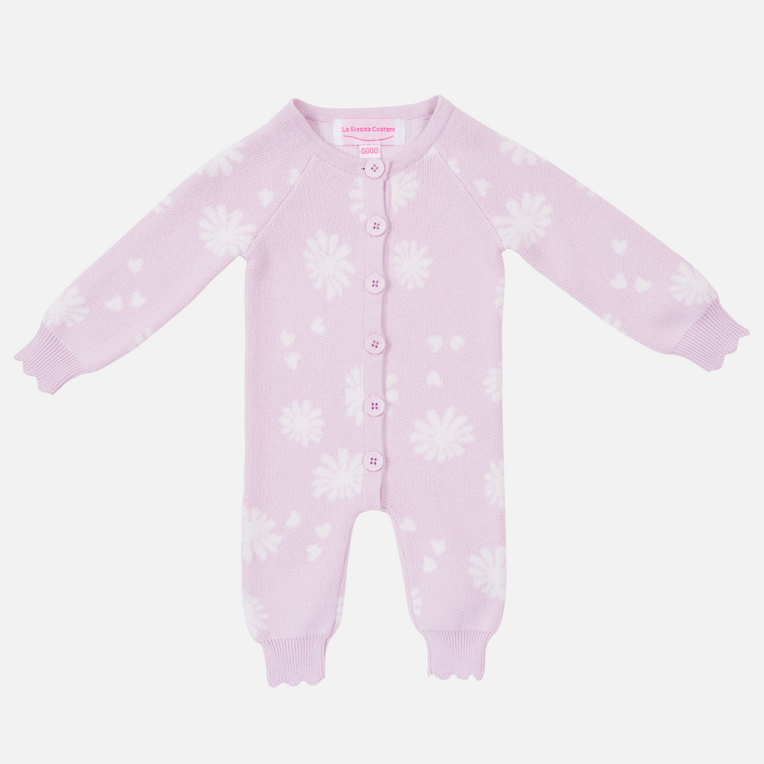 baby girls lilac knitted blossom print long sleeve louie romper