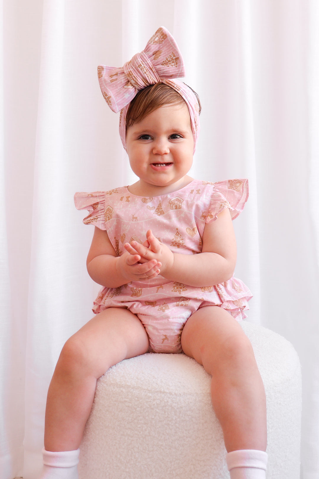 Ruffle Sunsuit - Pink Christmas Village