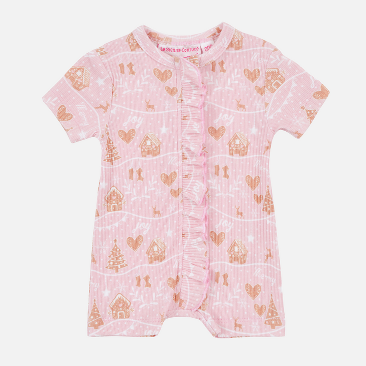 Cozy Summer Frilly Zip Romper - Pink Christmas Village