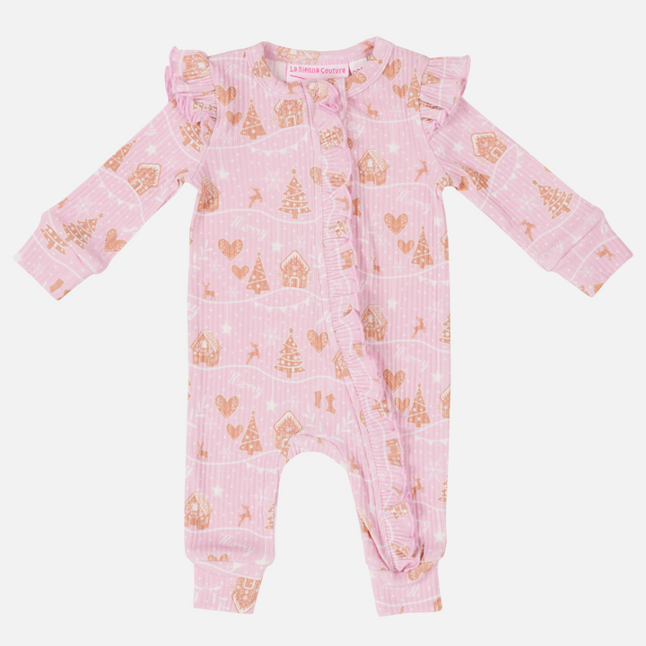 Cozy LS Frilly Zip Romper - Pink Christmas Village