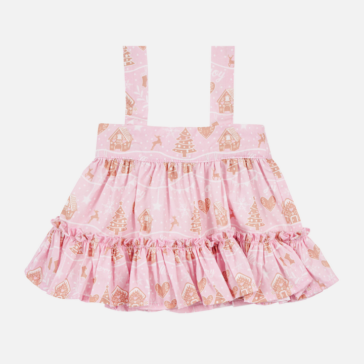 Ruffle Suspender Skirt - Pink Christmas Village