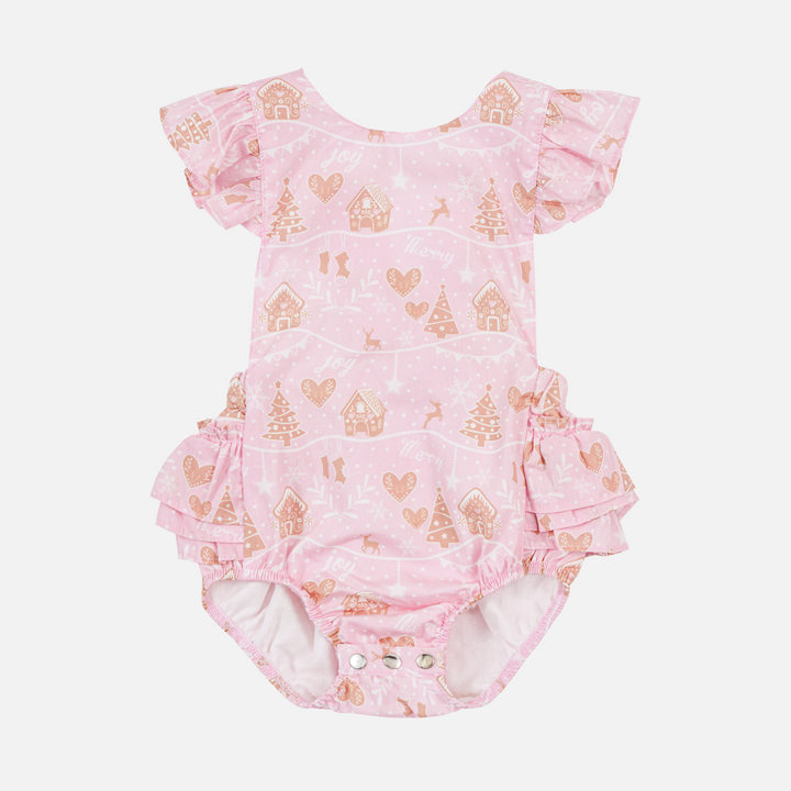 Ruffle Sunsuit - Pink Christmas Village