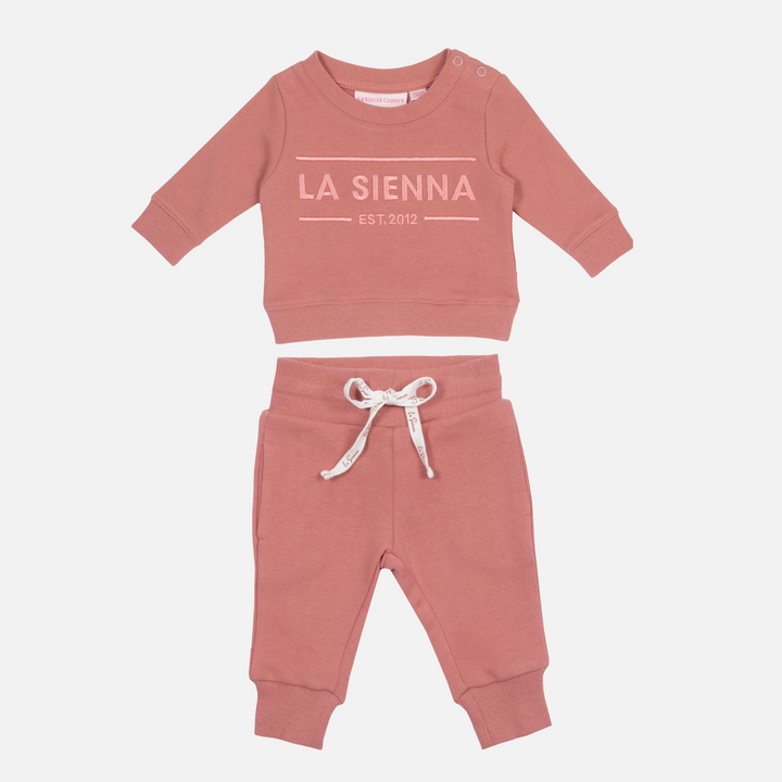 cinder-rose colour baby girls tracksuit set with logo