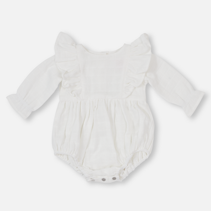 baby girl white long sleeve muslin romper with frill