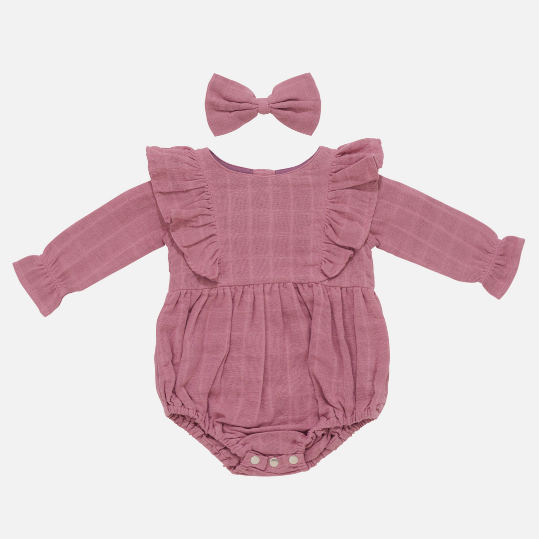 baby girl mauve long sleeve muslin romper with frill