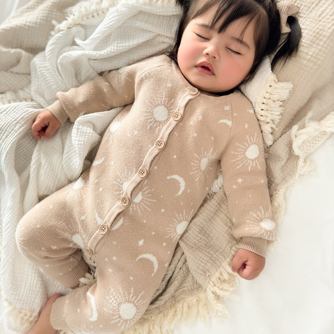 baby oat moon & sun print knitted long sleeve romper