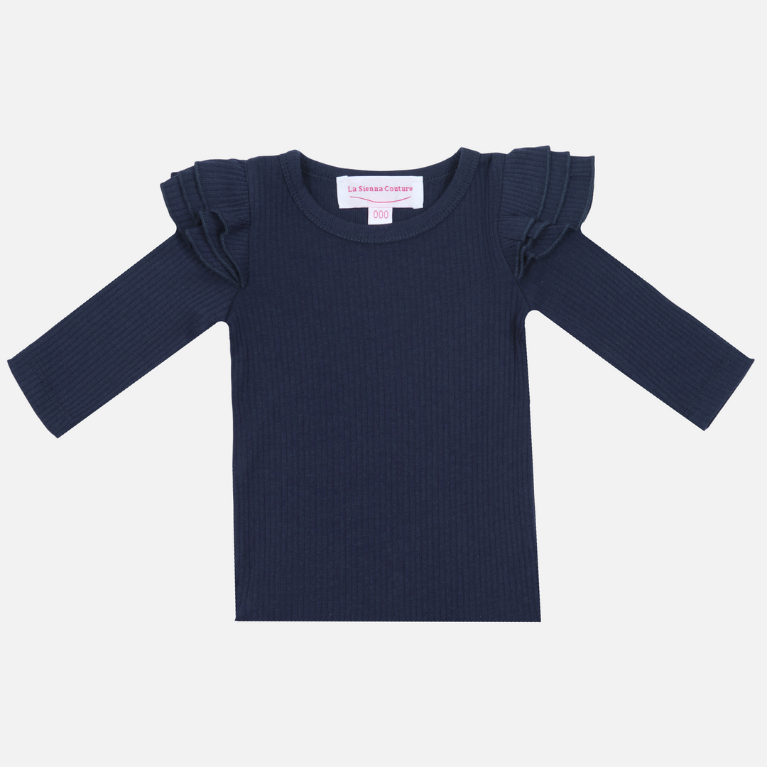 Baby girls navy ribbed long sleeve top with flutter