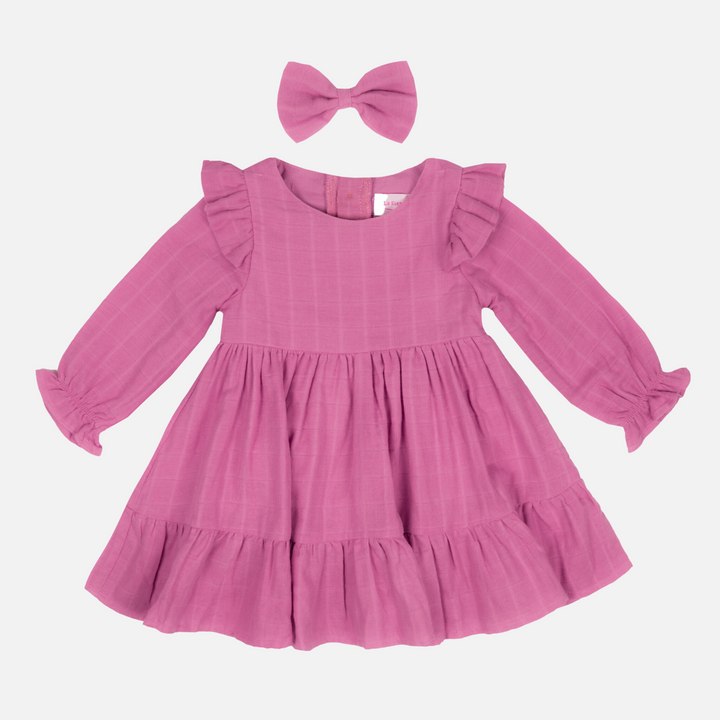 baby girl birthday raspberry long sleeve muslin dress with ruffle on shoulder