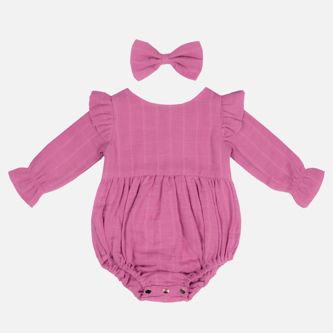 baby girl birthday raspberry muslin long sleeve romper with bow