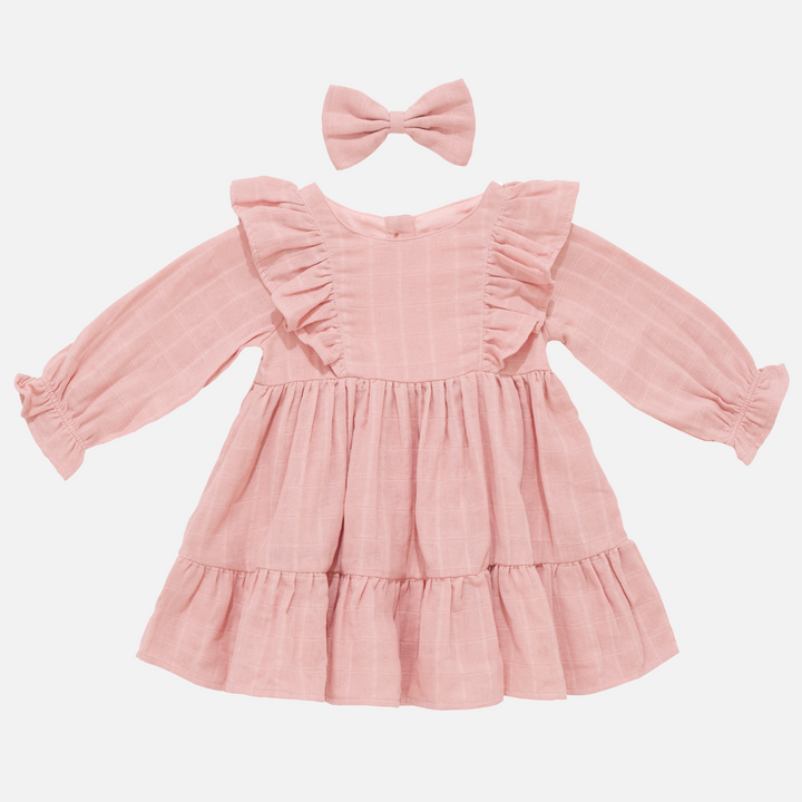 baby girl rosewood long sleeve muslin dress with frill