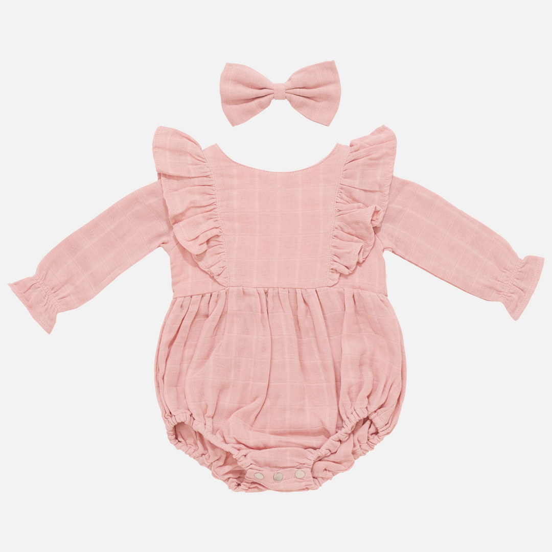 baby girl rosewood long sleeve muslin romper with frill