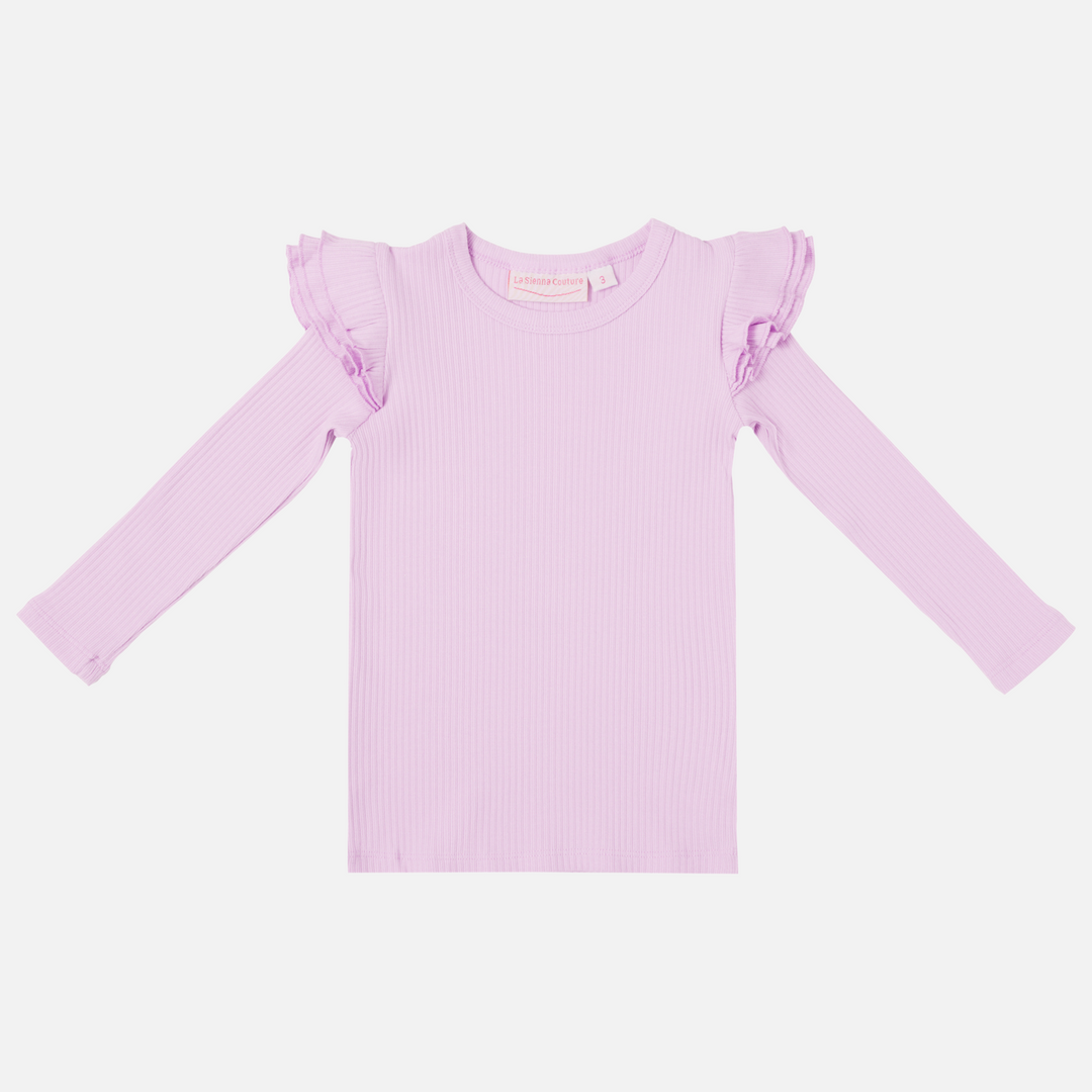 girls lilac long sleeve top with flutter