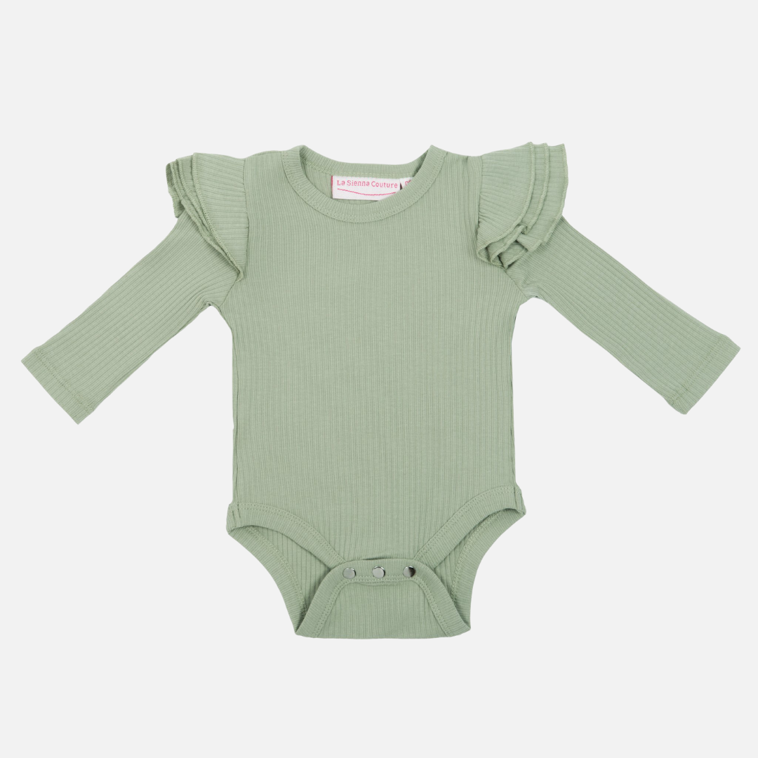 baby girl toddler sage ribbed long sleeve bodysuit with flutter 