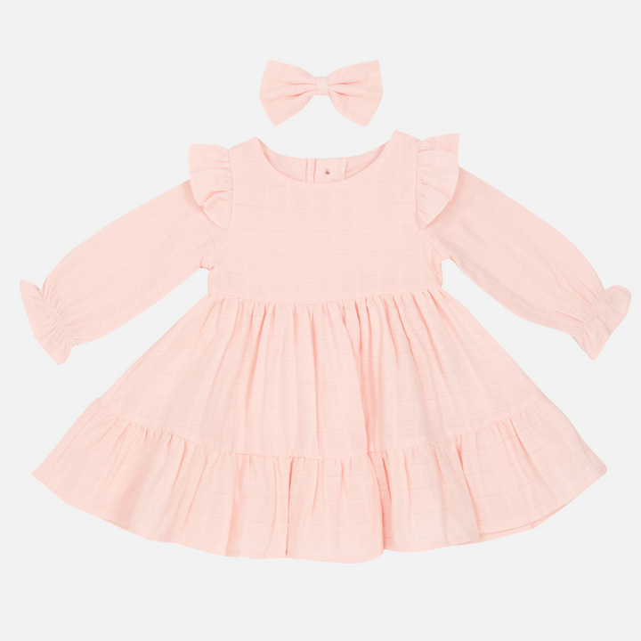 baby girl birthday peach long sleeve muslin dress with ruffle on shoulder