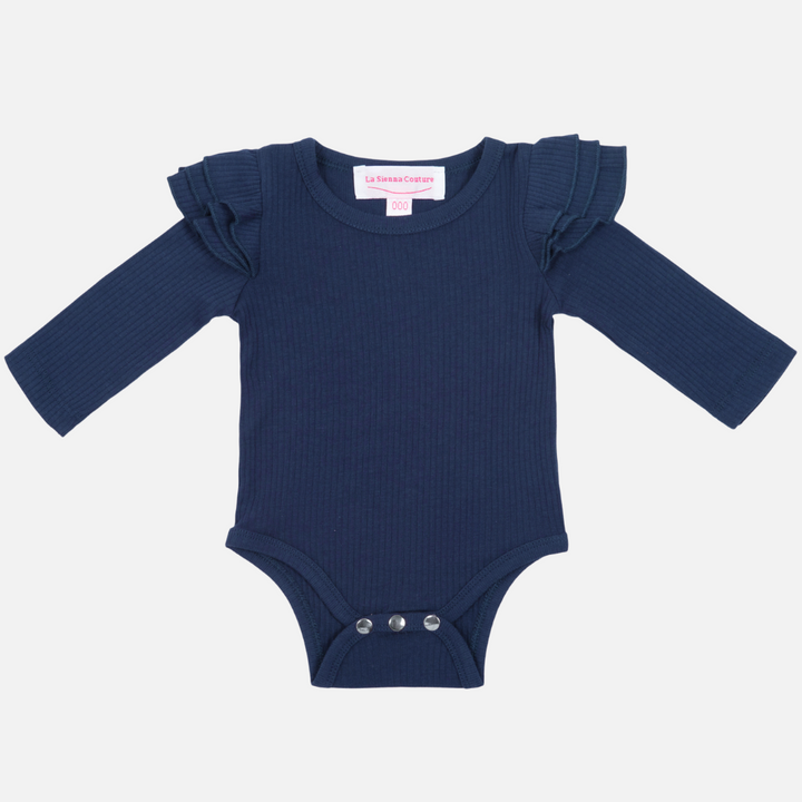 Baby girls navy ribbed long sleeve bodysuit with flutter