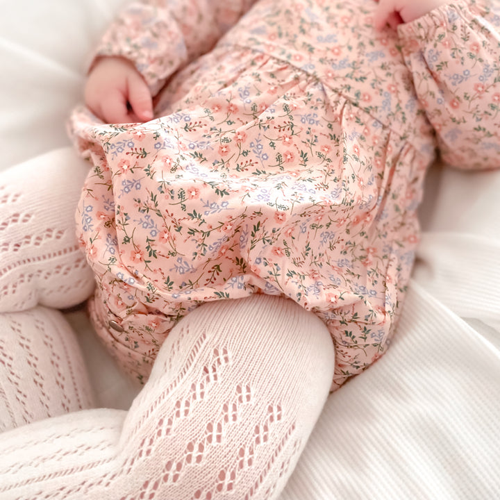 baby girls floral pink long sleeve zipper romper with bow