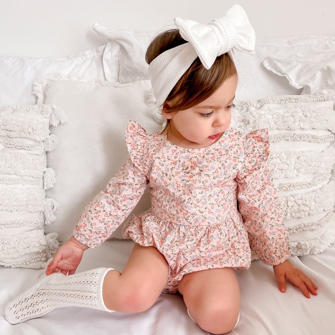 baby girls floral pink long sleeve zipper romper with bow