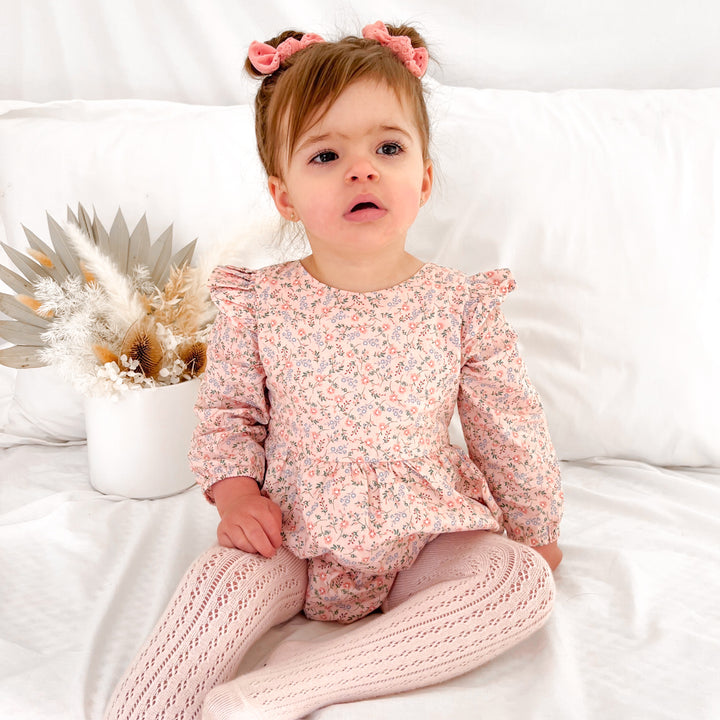 baby girls floral pink long sleeve zipper romper with bow