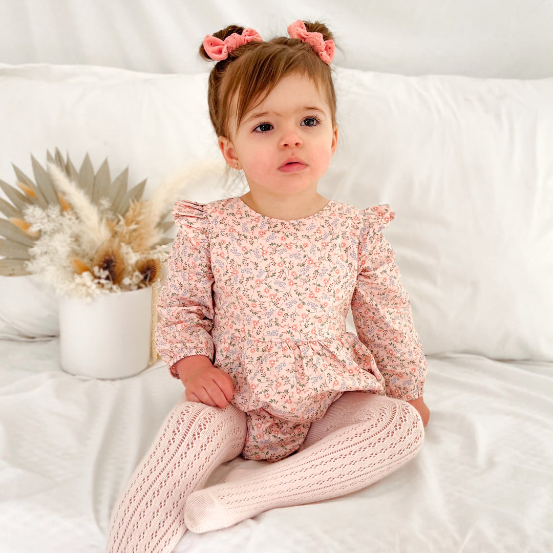 baby girls floral pink long sleeve zipper romper with bow