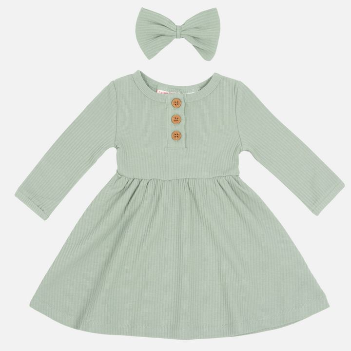 baby girls long sleeve basil green dress with bow