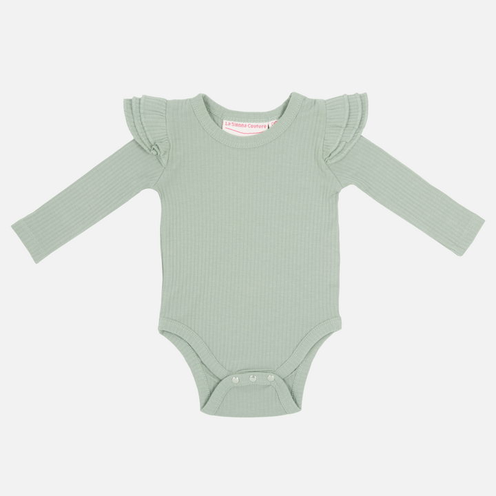 Baby girls basil green ribbed long sleeve bodysuit with flutter