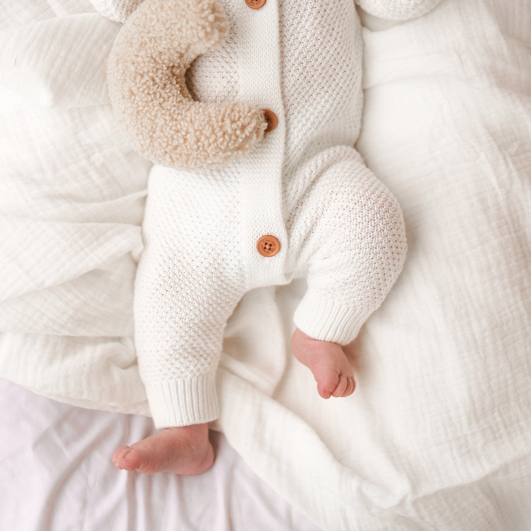 White long sleeve baby romper with hood