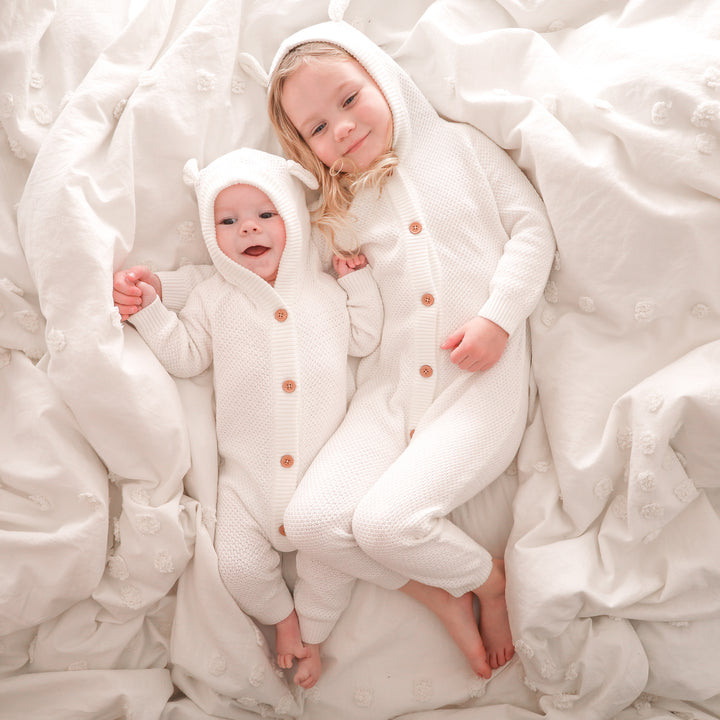 White long sleeve baby romper with hood