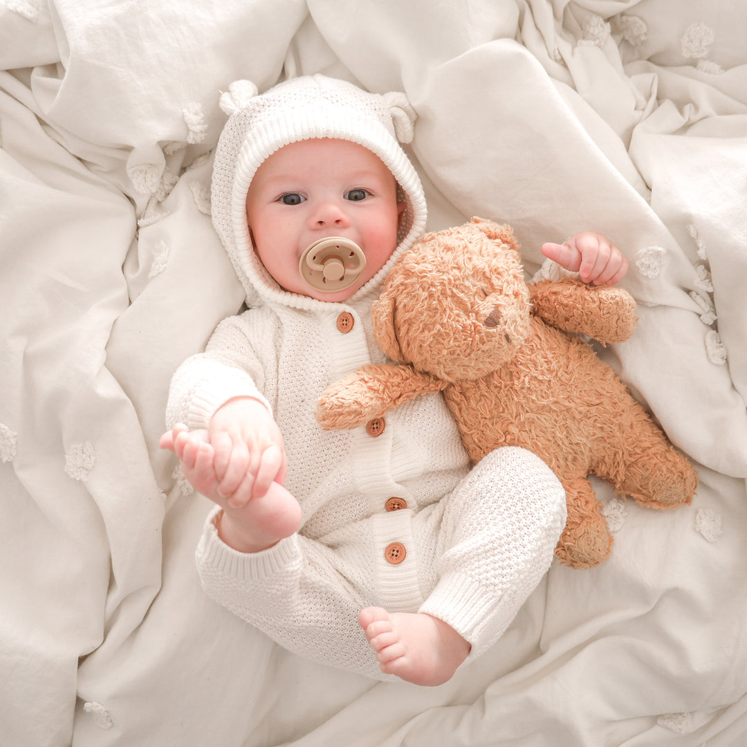 White long sleeve baby romper with hood