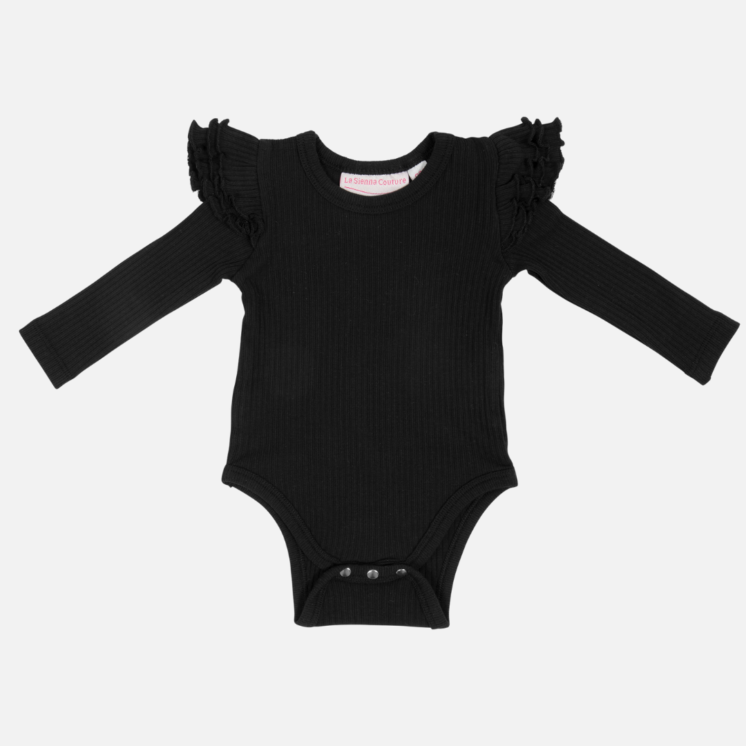 Baby girls black ribbed long sleeve bodysuit with flutter