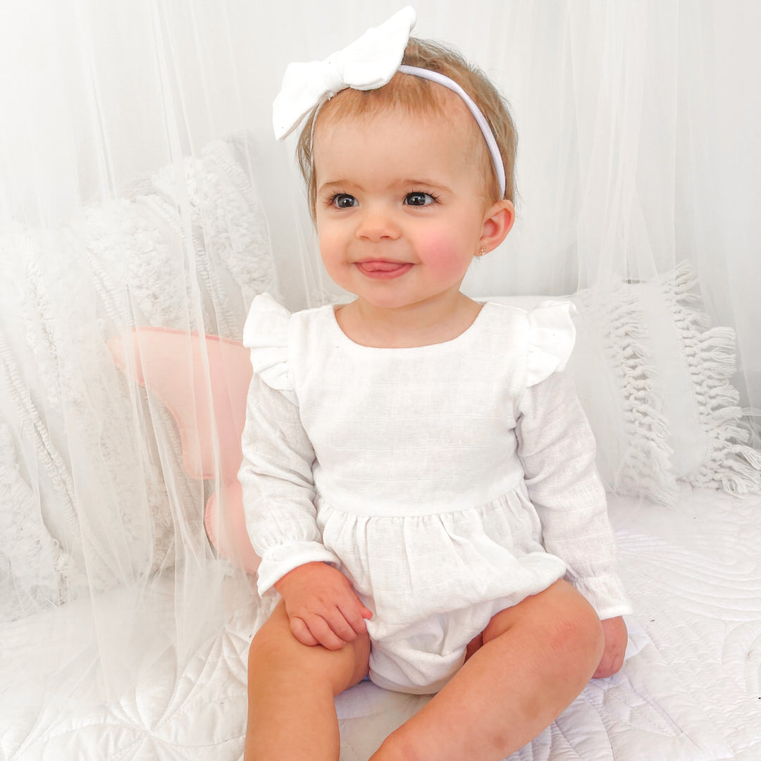 baby girl christening birthday white muslin long sleeve romper