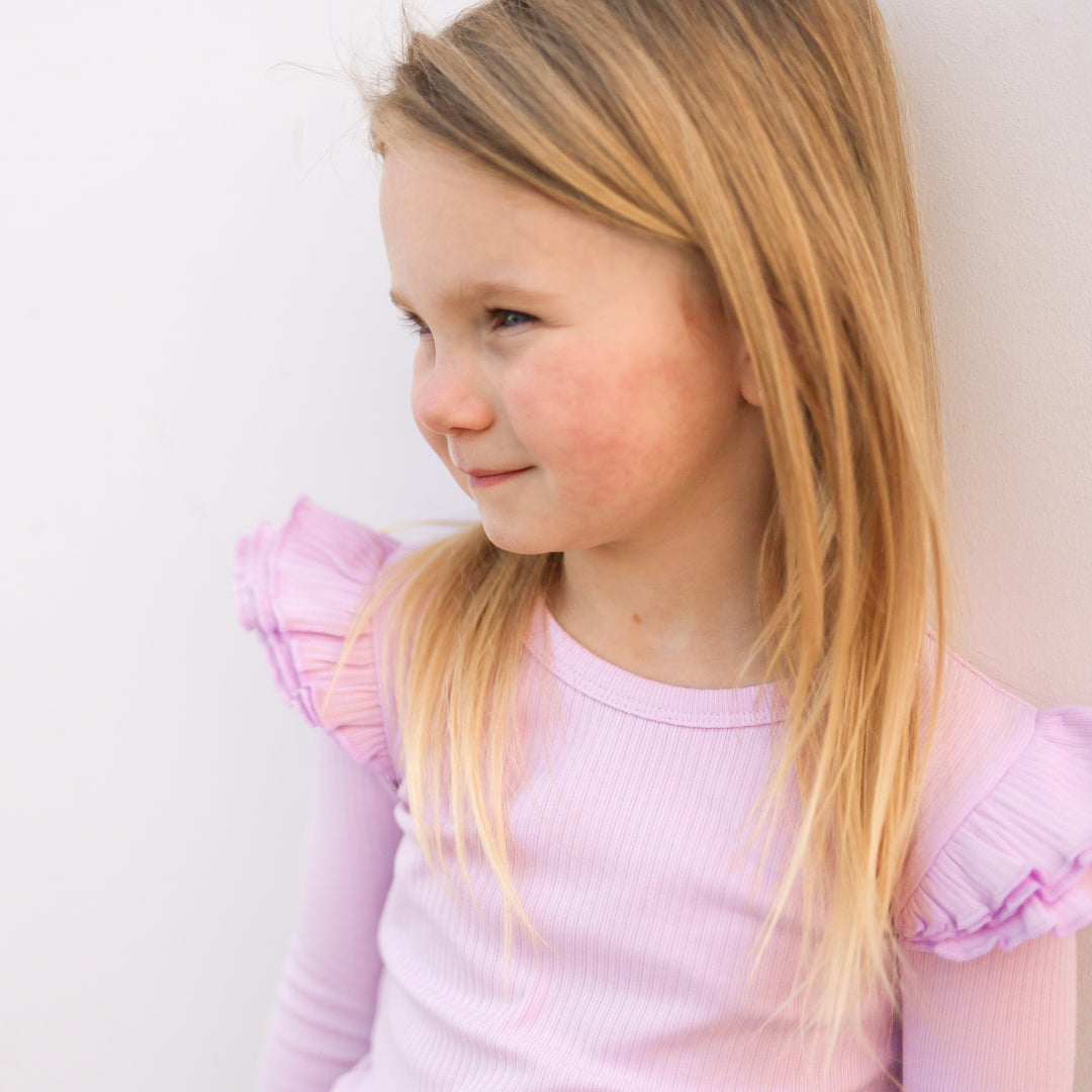 girls lilac long sleeve top with flutter