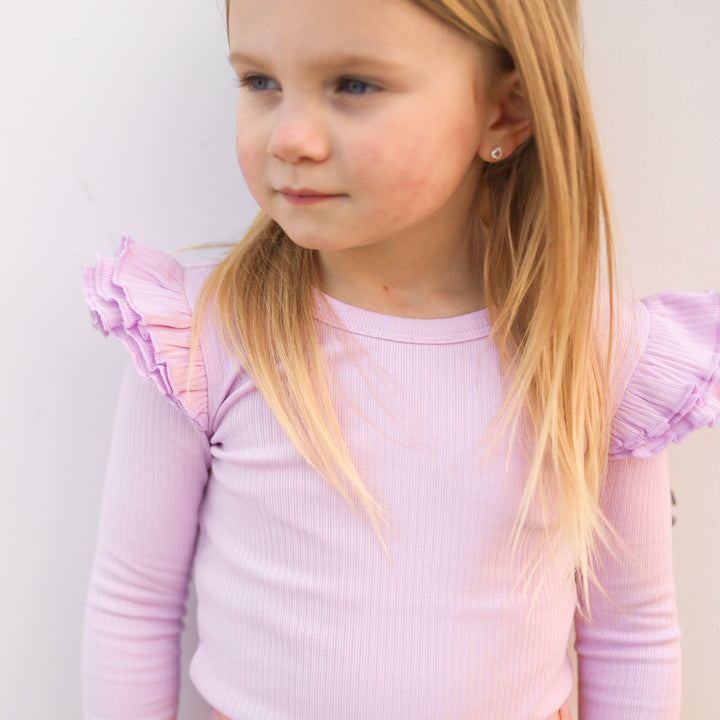 girls lilac long sleeve bodysuit with flutter