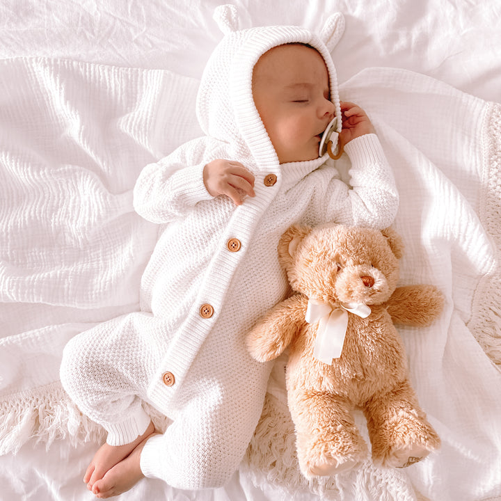 White long sleeve baby romper with hood