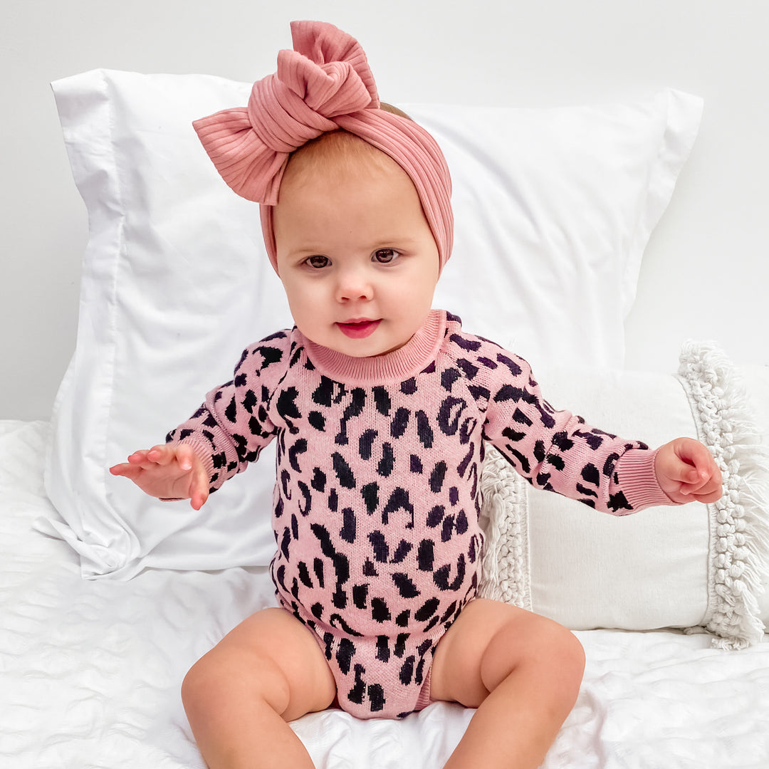 Rosewood baby girl long sleeve leopard knitted romper