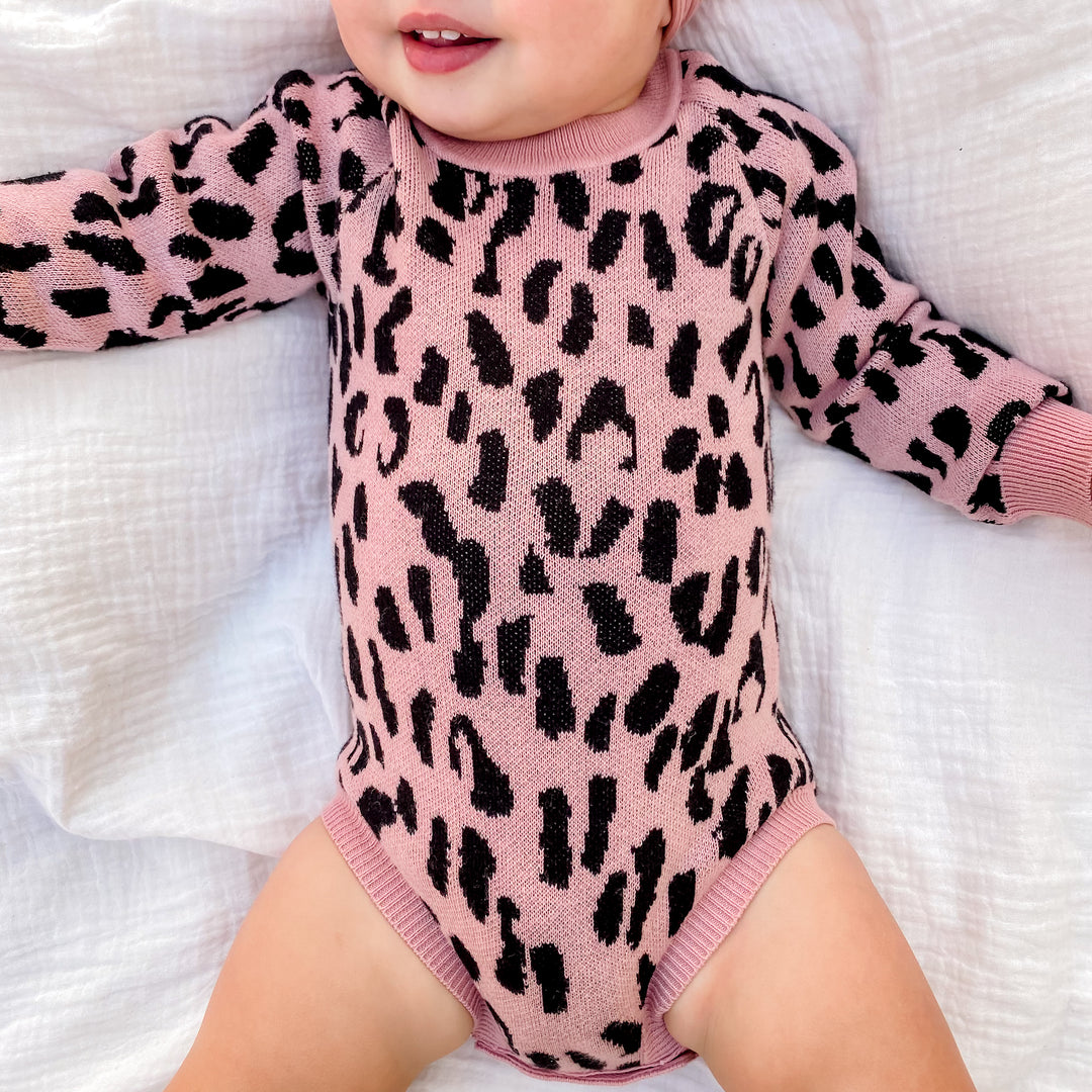 Rosewood baby girl long sleeve leopard knitted romper