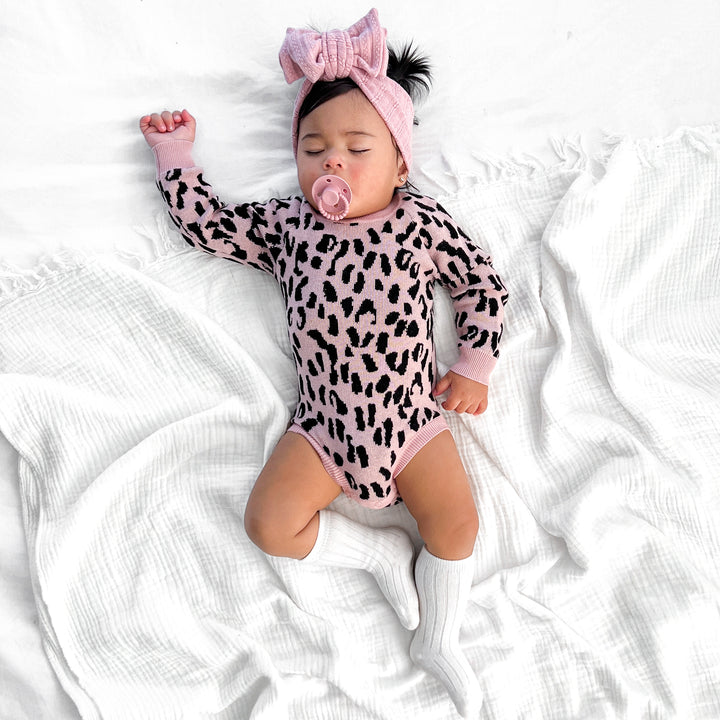 Rosewood baby girl long sleeve leopard knitted romper