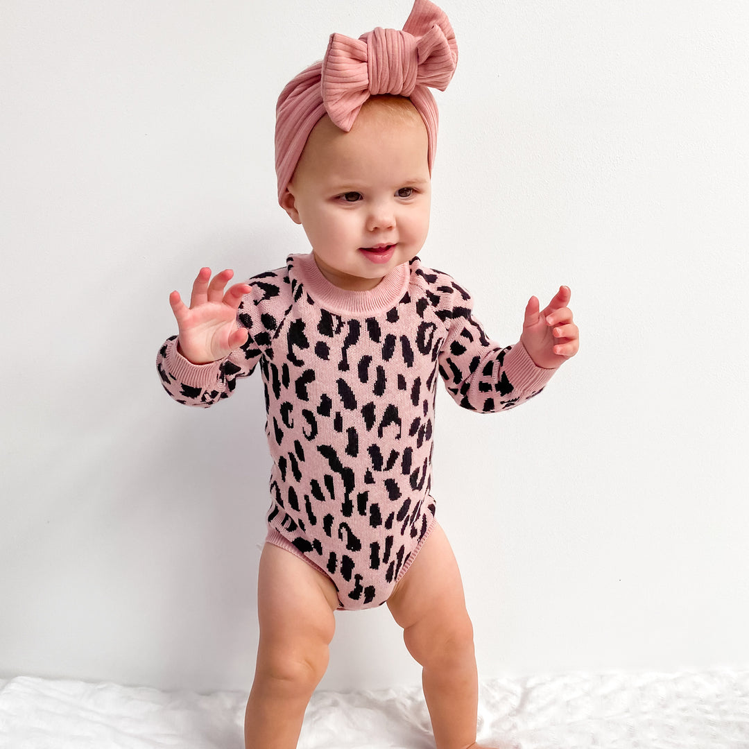 Rosewood baby girl long sleeve leopard knitted romper