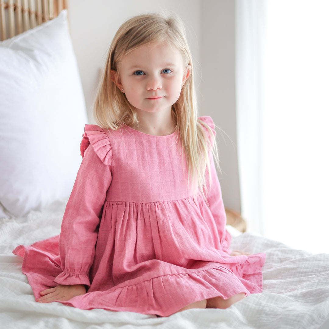 baby girl birthday rose mist long sleeve muslin dress with ruffle on shoulder