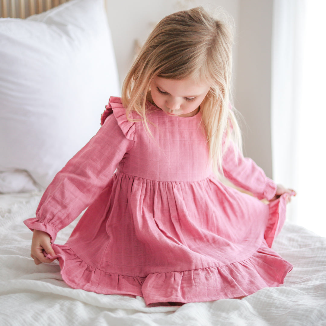 baby girl birthday rose mist long sleeve muslin dress with ruffle on shoulder