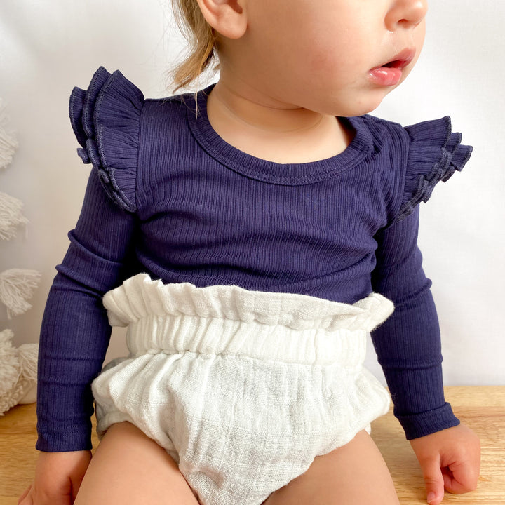 Baby girls navy ribbed long sleeve bodysuit with flutter