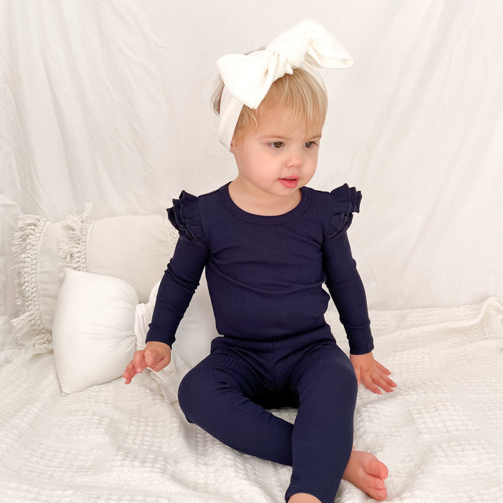 Baby girls navy ribbed long sleeve bodysuit with flutter